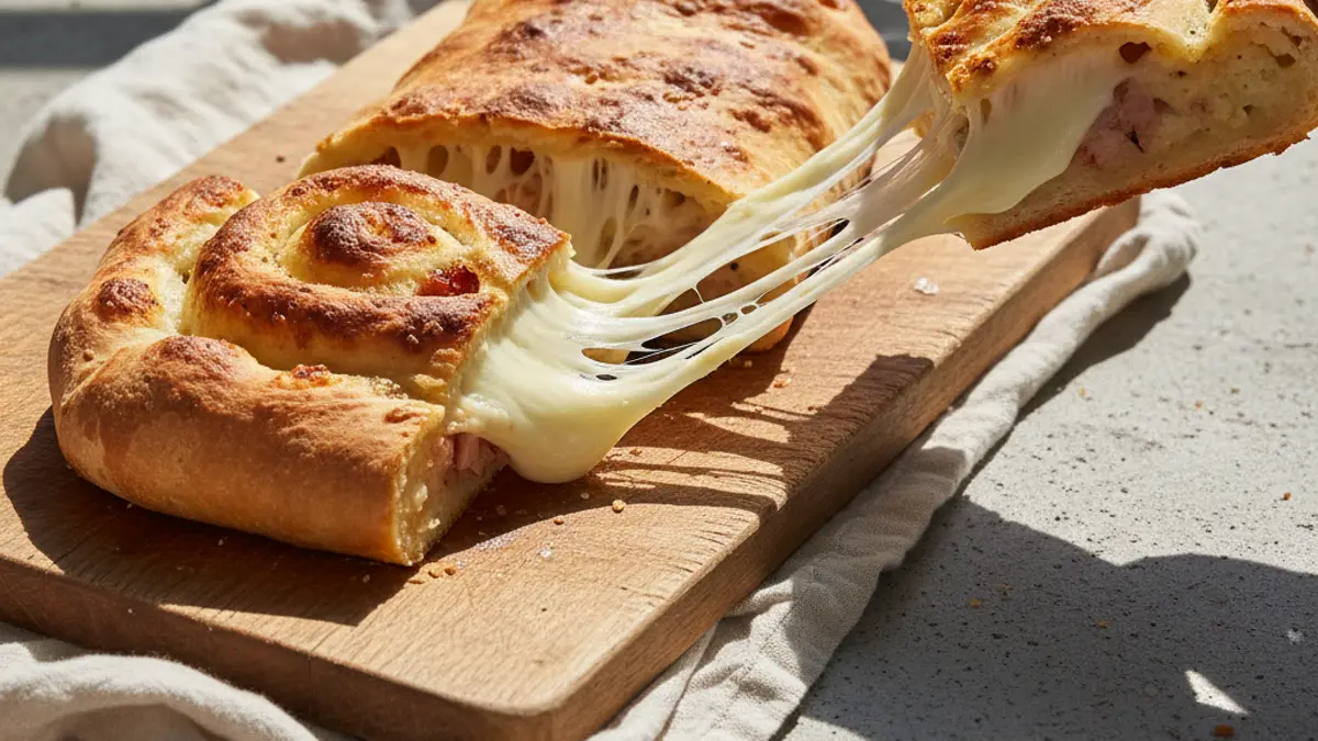 Versgebakken stromboli in plakken gesneden op een houten plank