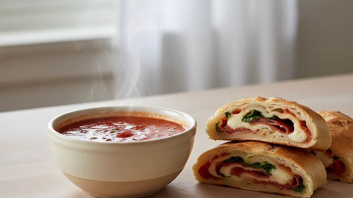 Warme tomatensaus in een schaaltje naast verse stromboli plakken