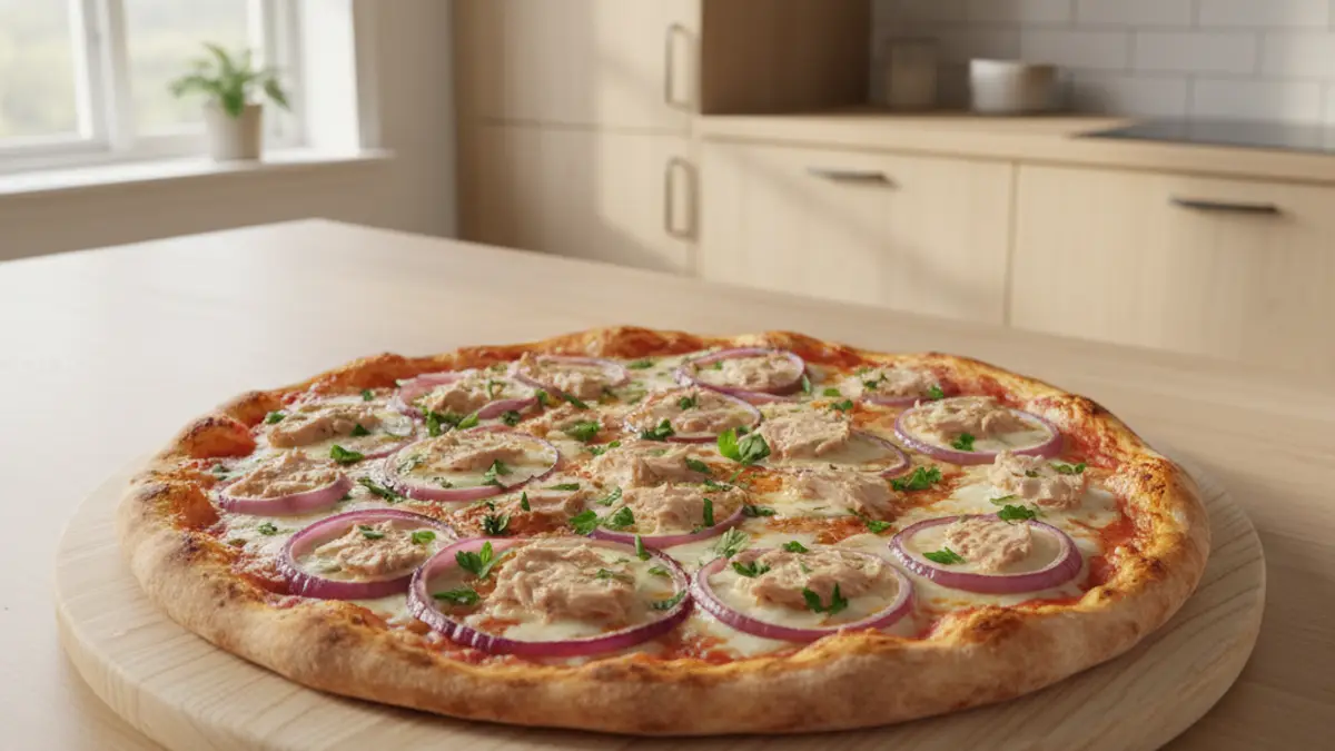 Vers gebakken pizza tonno met tonijn en rode ui op een houten serveerplank