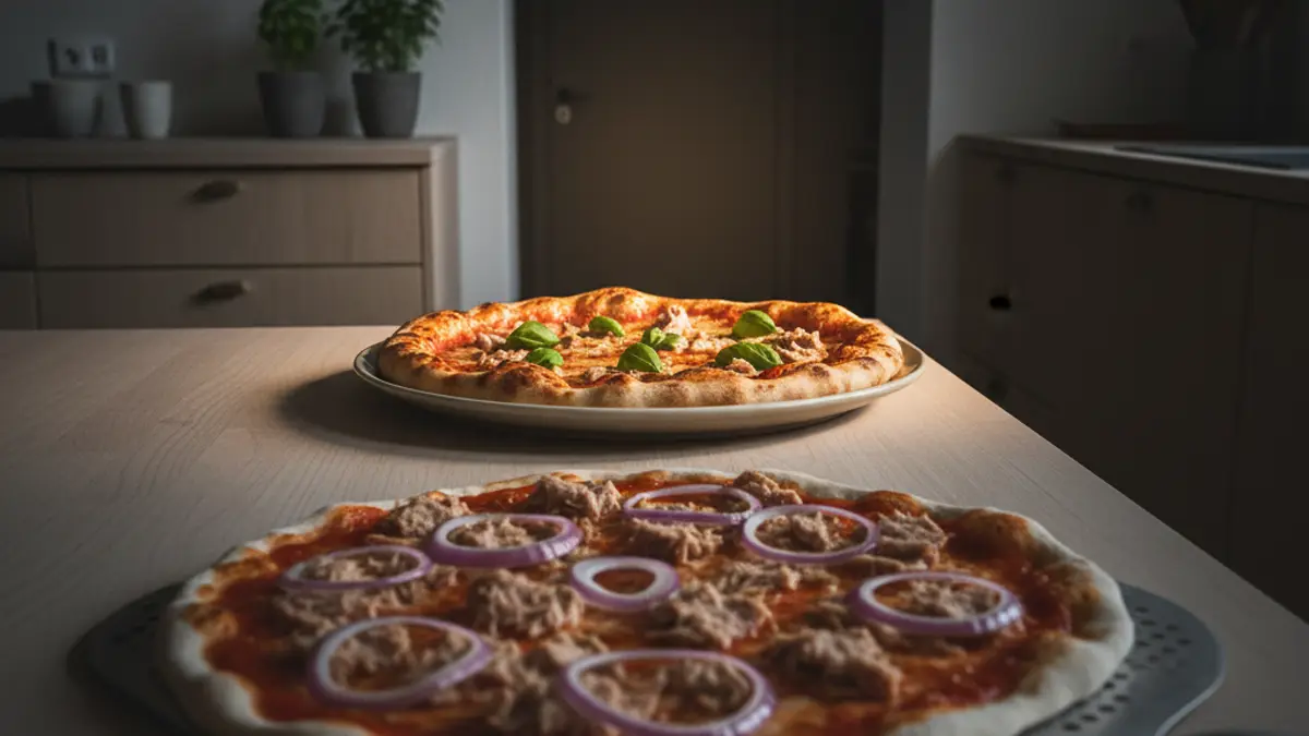 Ongebakken pizza tonno e cipolla op een metalen pizzaschep
