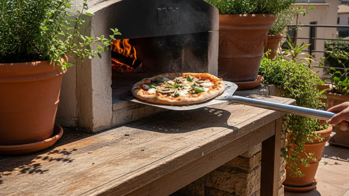 Pizzaschep die een verse truffelpizza op de hete ovensteen schuift