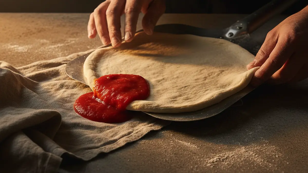 Plakkend pizzadeeg op een metalen pizzaschep