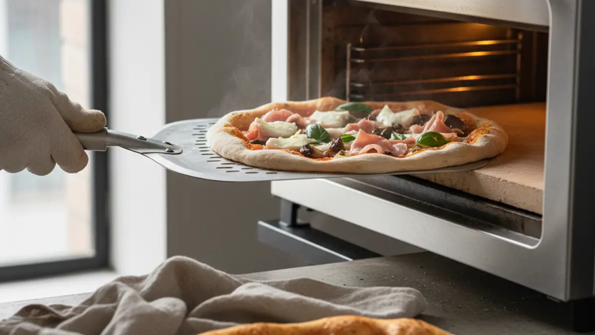 Pizza inschieten op een hete ovensteen