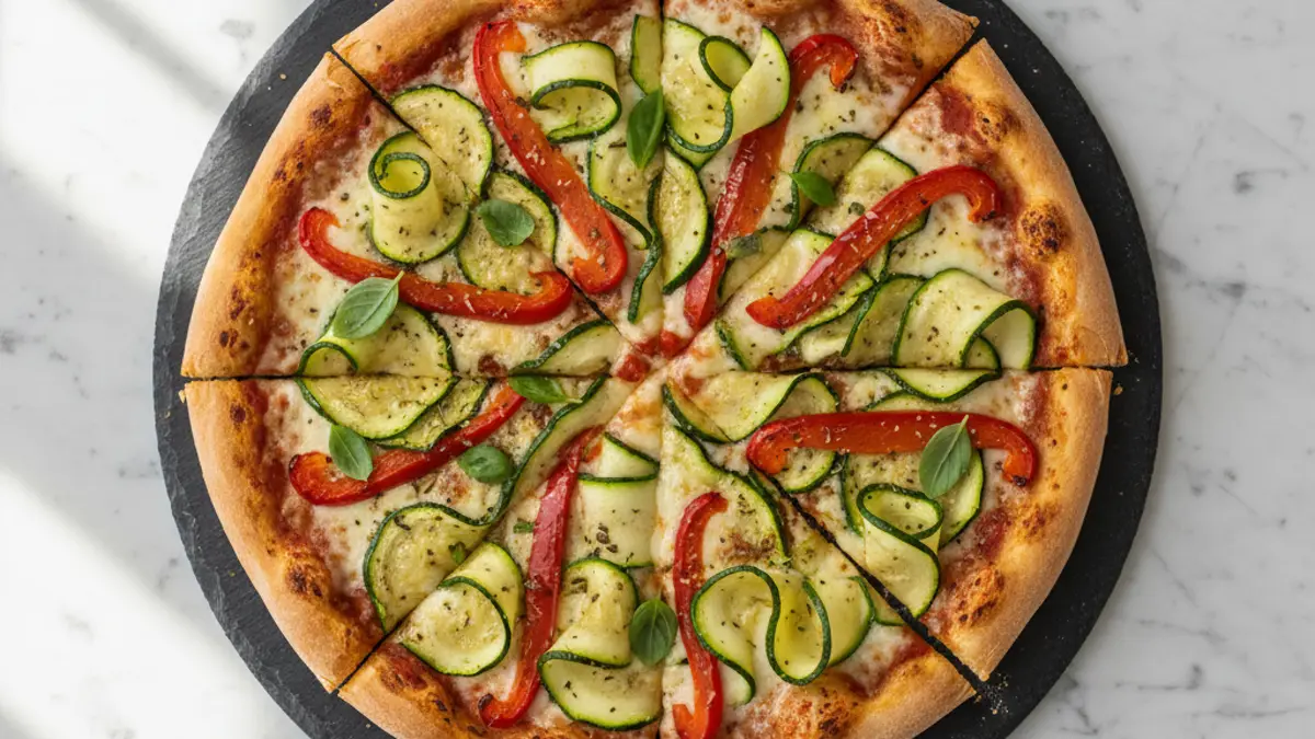 Gesneden veganistische pizza met gegrilde groenten op een serveerplank