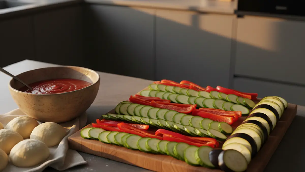 Verse groenten en pizzadeeg voorbereid op een houten werkblad
