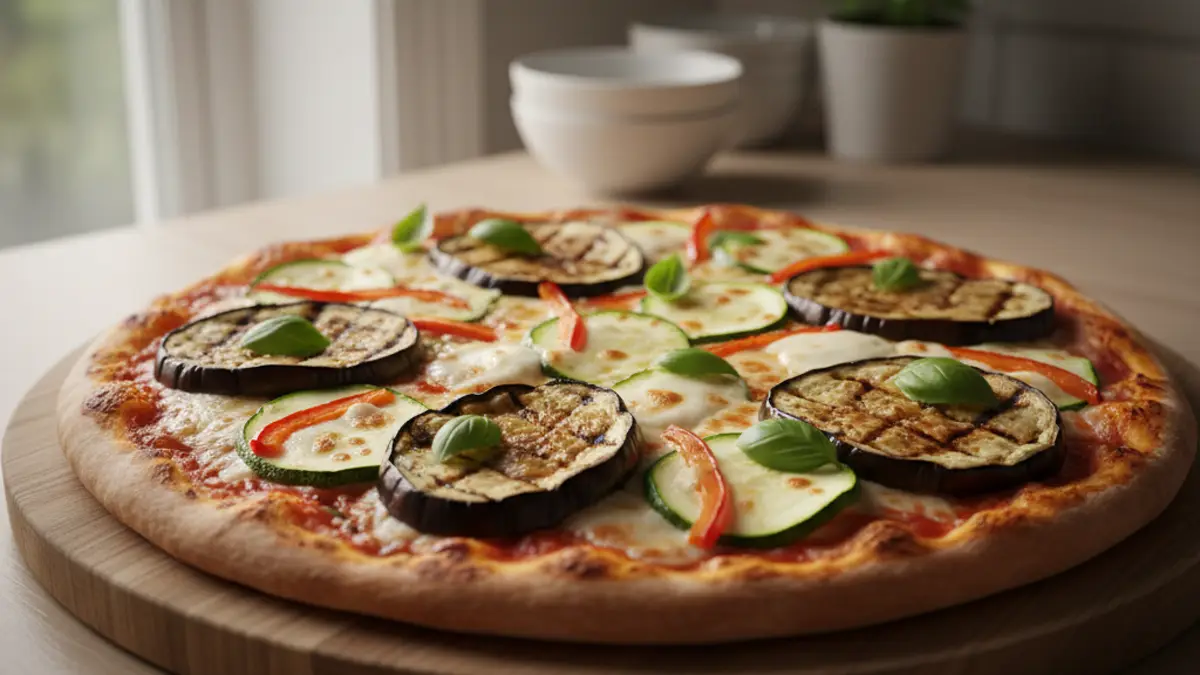 Versgebakken pizza vegetariana met gegrilde groenten en basilicum