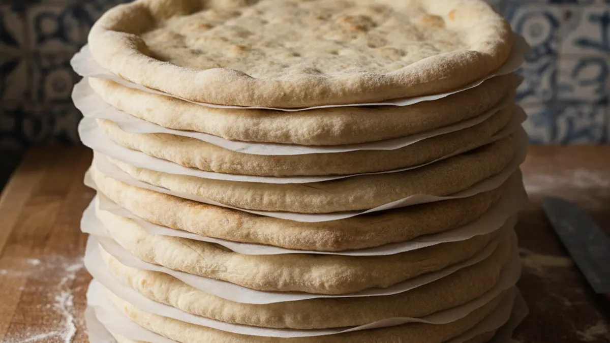 Stapel voorgebakken pizzabodems gescheiden met bakpapier