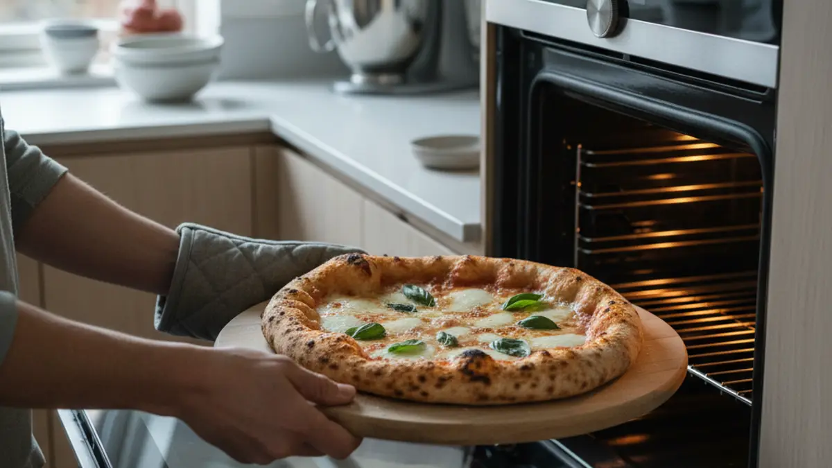Krokante voorgebakken pizza die uit de oven op een serveerplank wordt gelegd