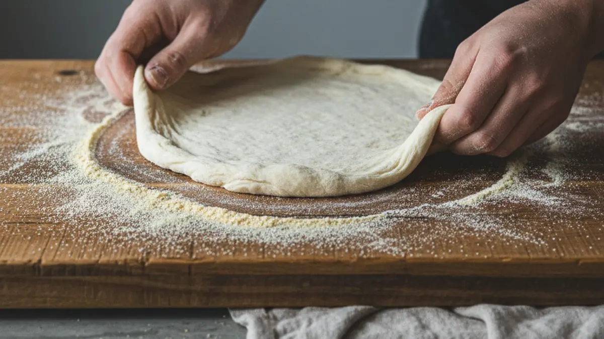 Pizzadeeg met de hand vormen op een werkblad met semola griesmeel