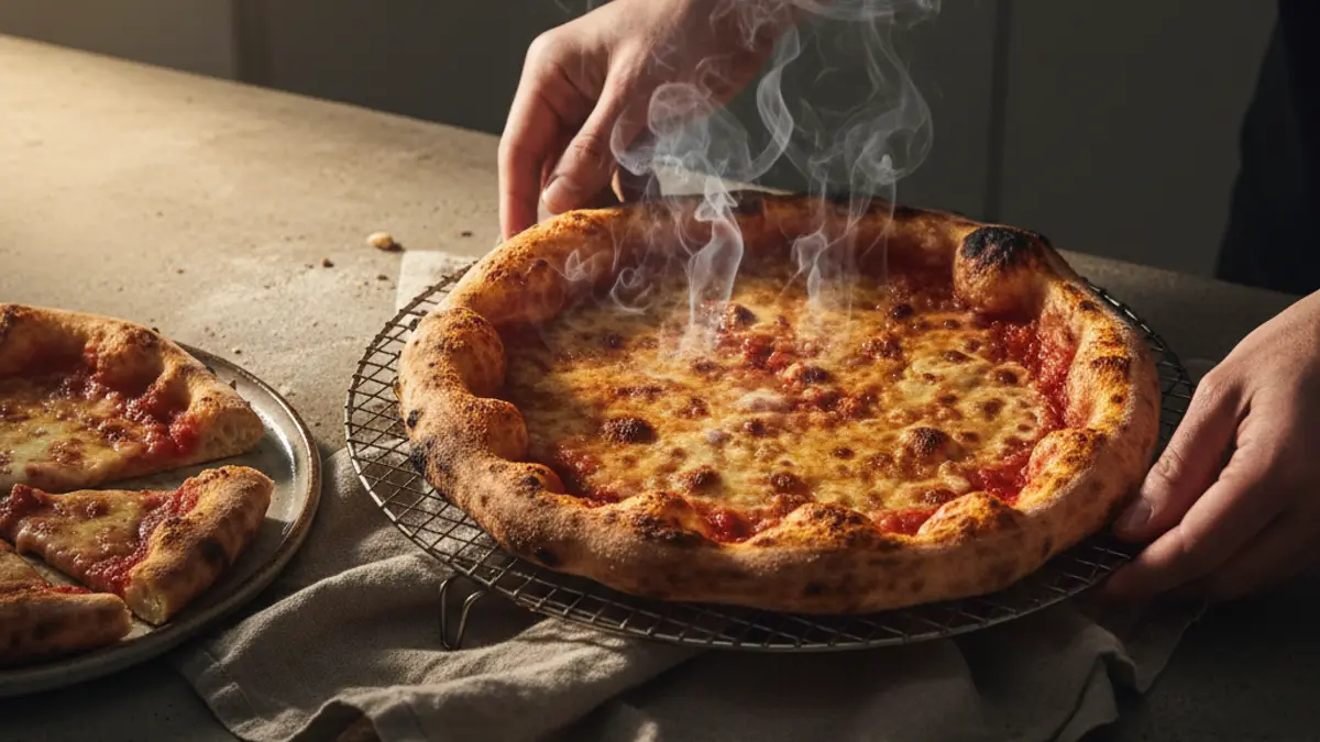 Gebakken pizza die uitwasemt op een metalen rooster