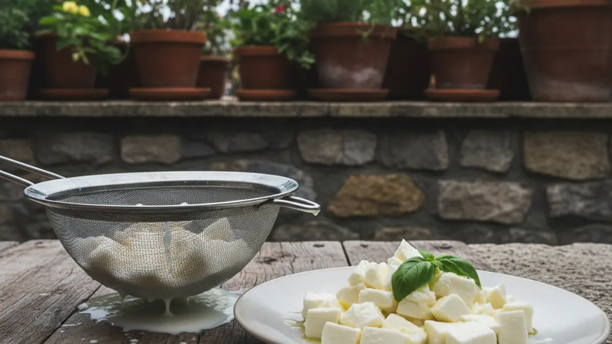 Uitgelekte mozzarella blokjes in een keukenzeef