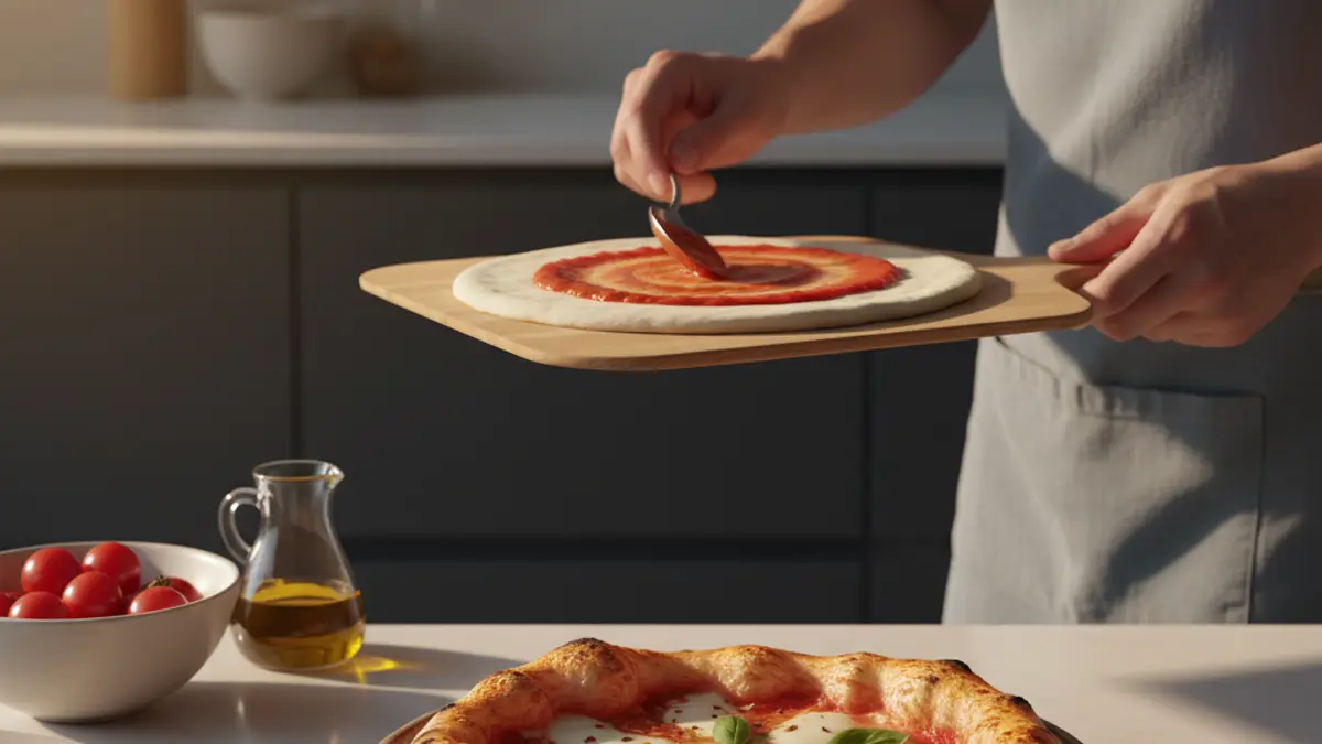 Tomatensaus gelijkmatig verdelen over vers pizzadeeg
