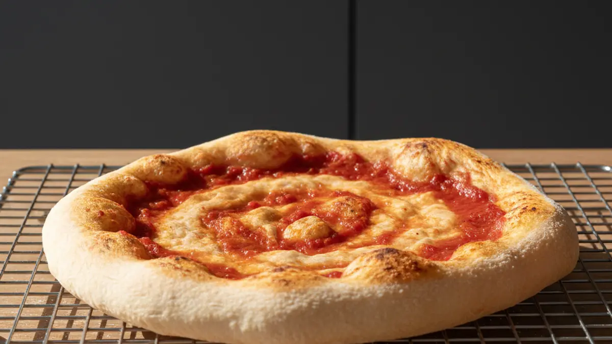 Voorgebakken pizzabodem met een dun laagje saus op een rooster