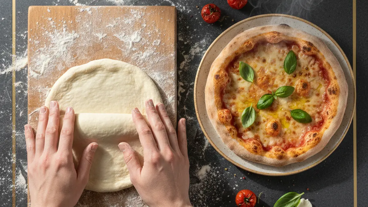 Handmatig kneden van soepel pizzadeeg op een werkblad