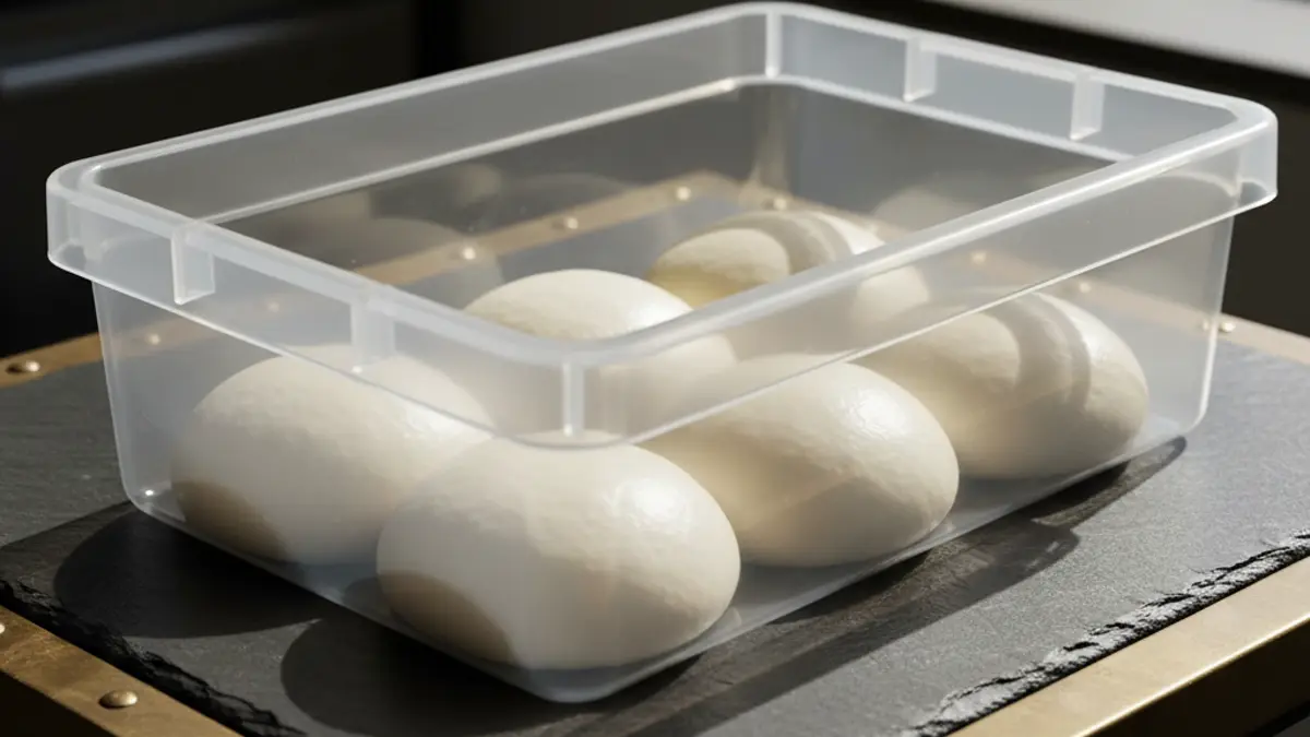 Ronde deegbollen in een afgesloten deegbak