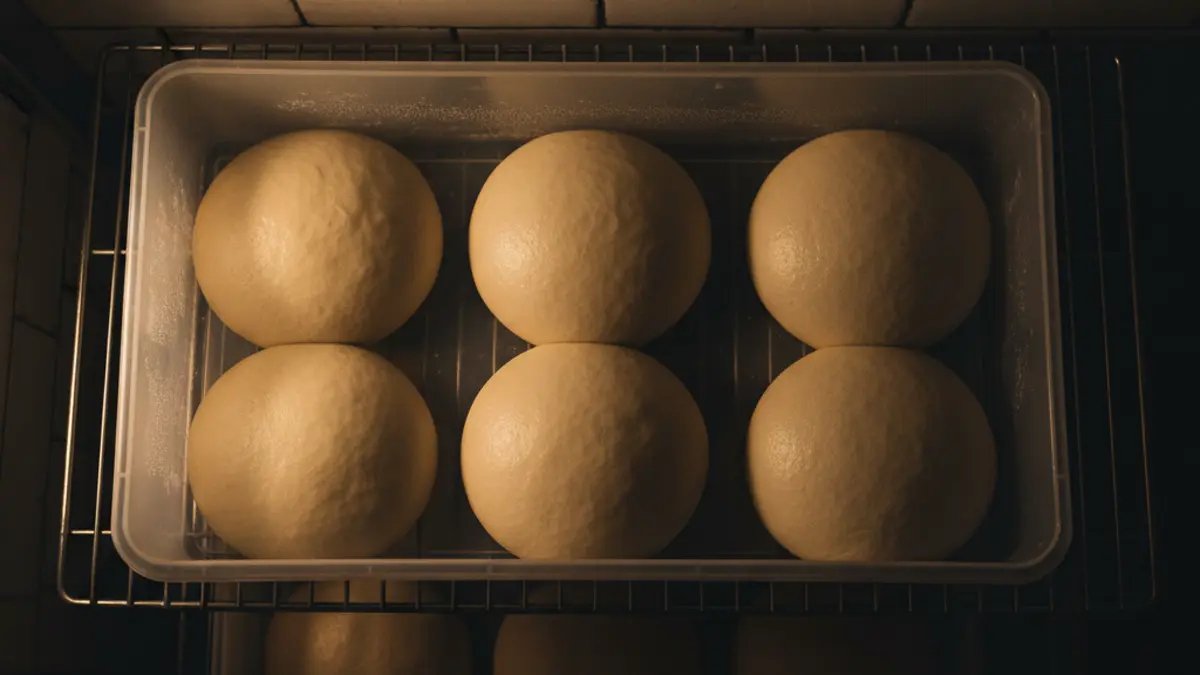 Pizzadeeg bollen in een kunststof deegbak in de koelkast
