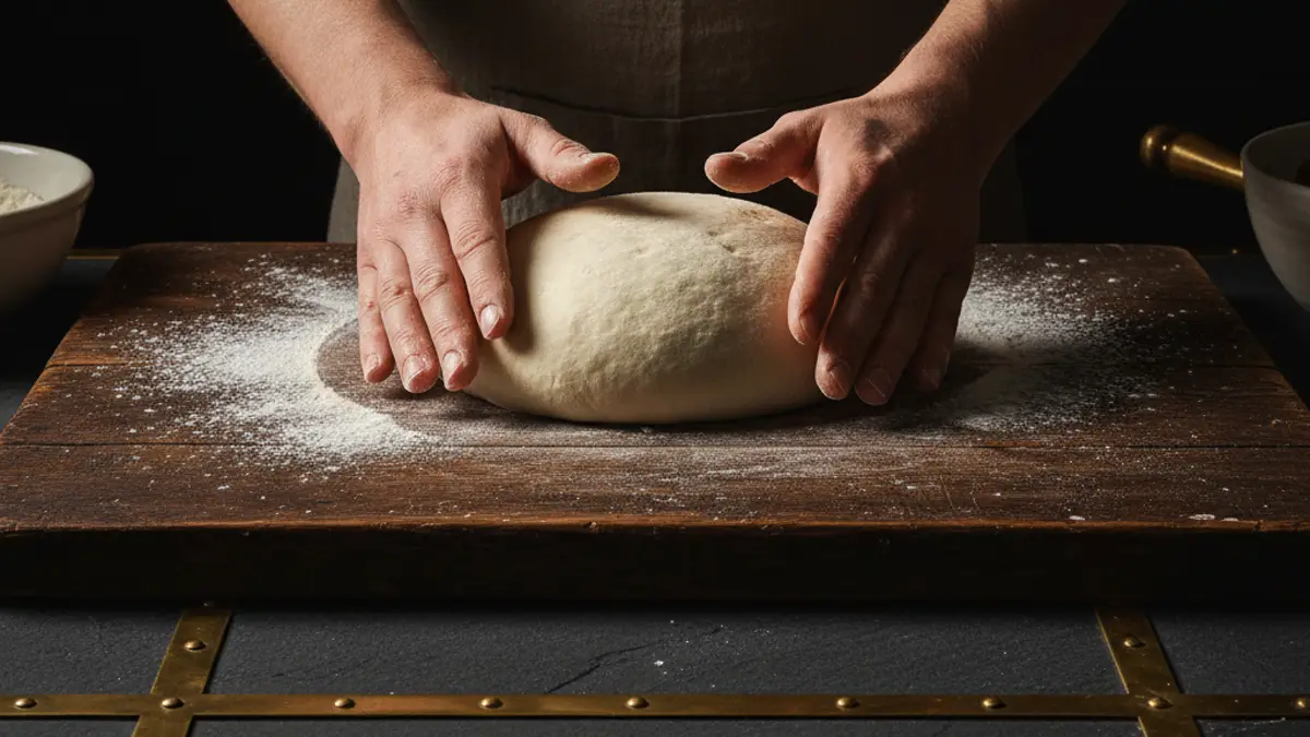 Gladde pizzadeeg bol op kamertemperatuur bestoven met semola