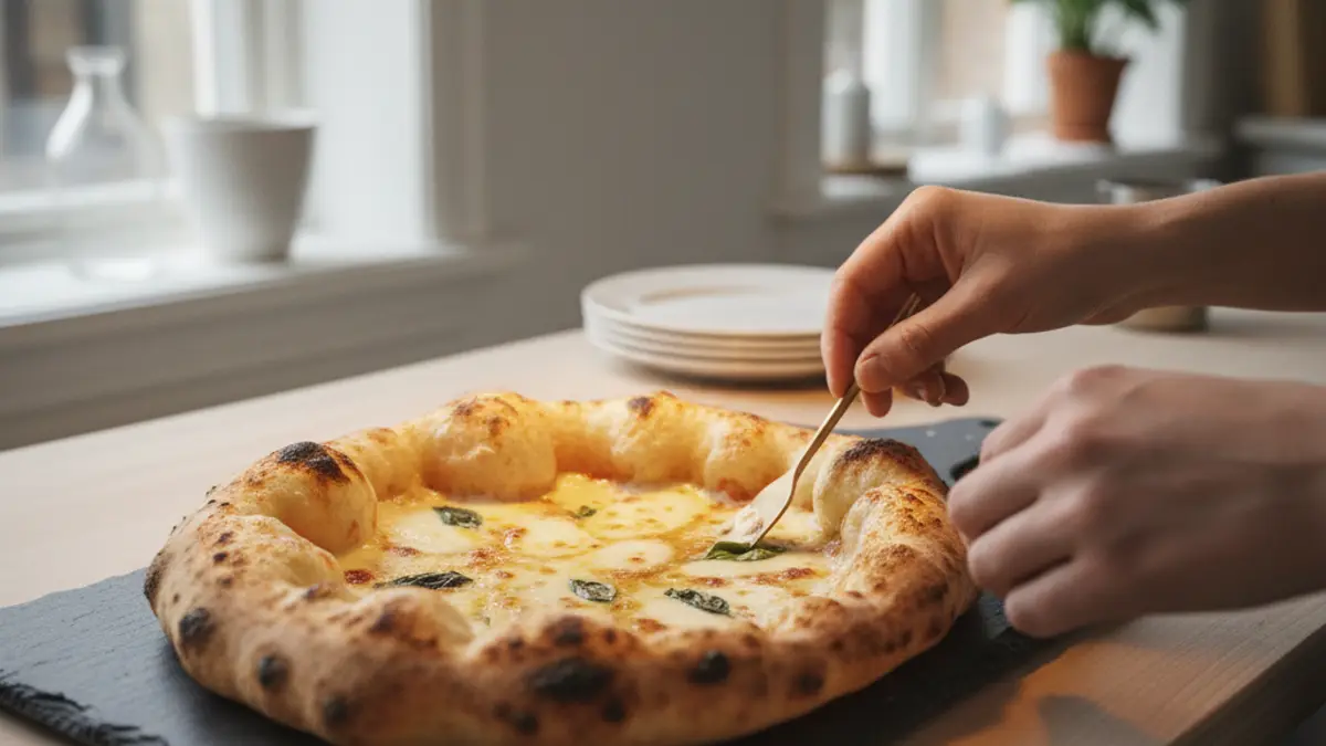 Gebakken pizza met een luchtige rand van bigadeeg