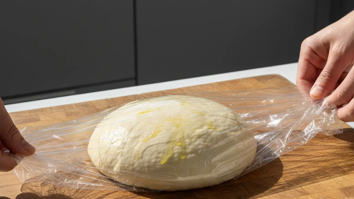 Geopbolde porties pizzadeeg ingevet met olijfolie op een houten werkblad