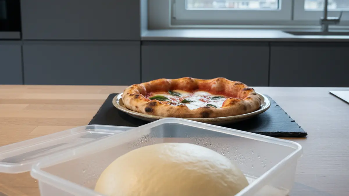 Ontdooide deegbal die langzaam rijst in een afgesloten deegbak op het aanrecht