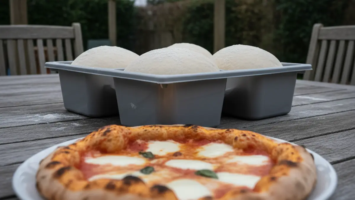 Rijzende bollen pizzadeeg in een deegbak