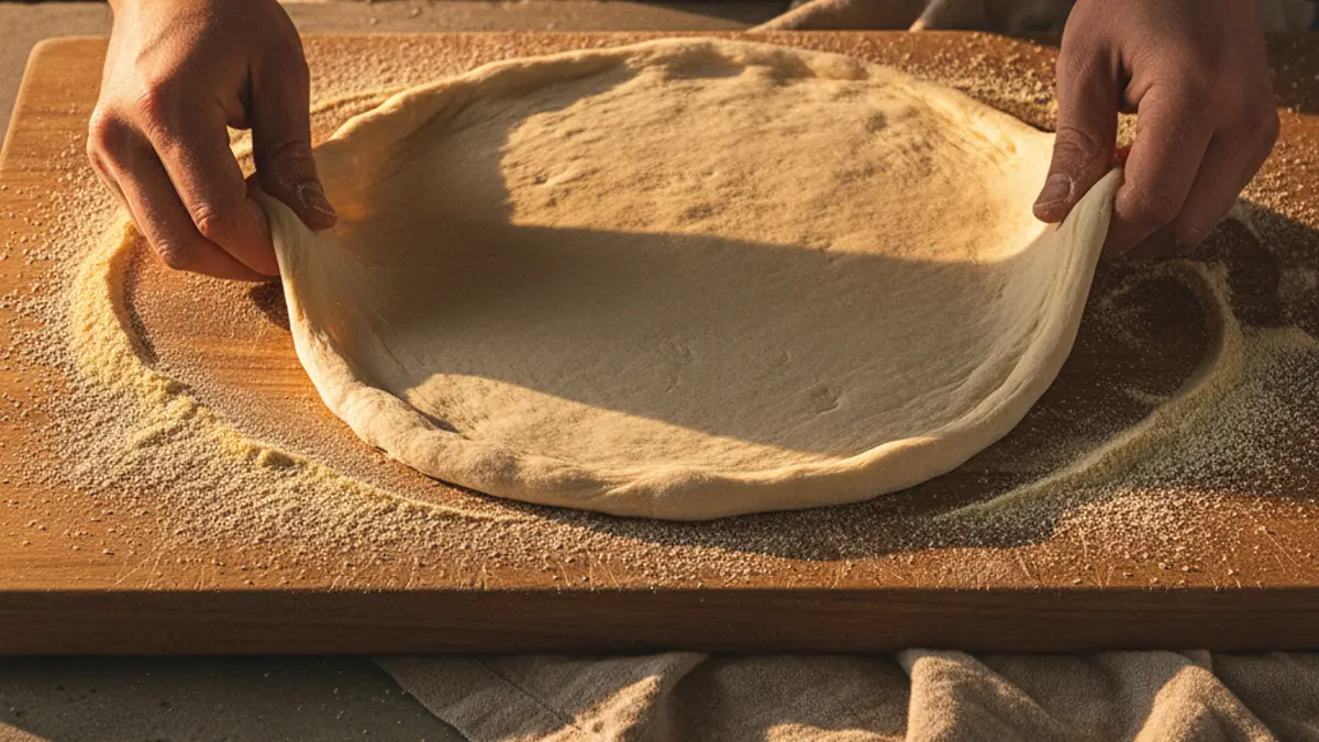 Pizzadeeg met de hand uitrekken op een werkblad
