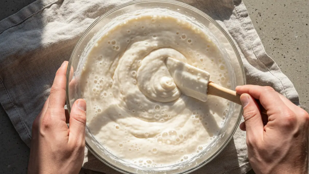 Rijzende poolish met veel actieve luchtbellen in een glazen mengkom