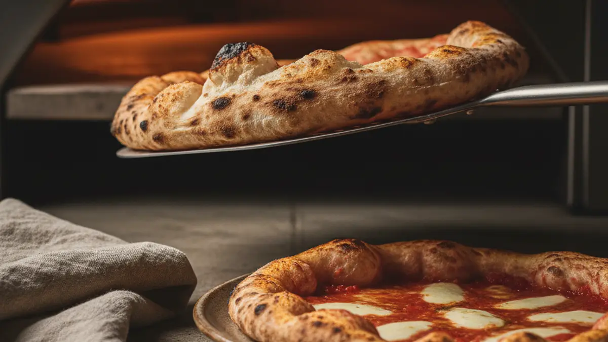 Gebakken pizza met een luchtige goudbruine rand en gesmolten kaas