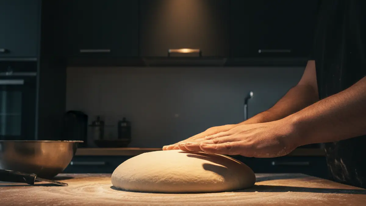 Soepele bol pizzadeeg die wordt opgebold op een houten werkblad