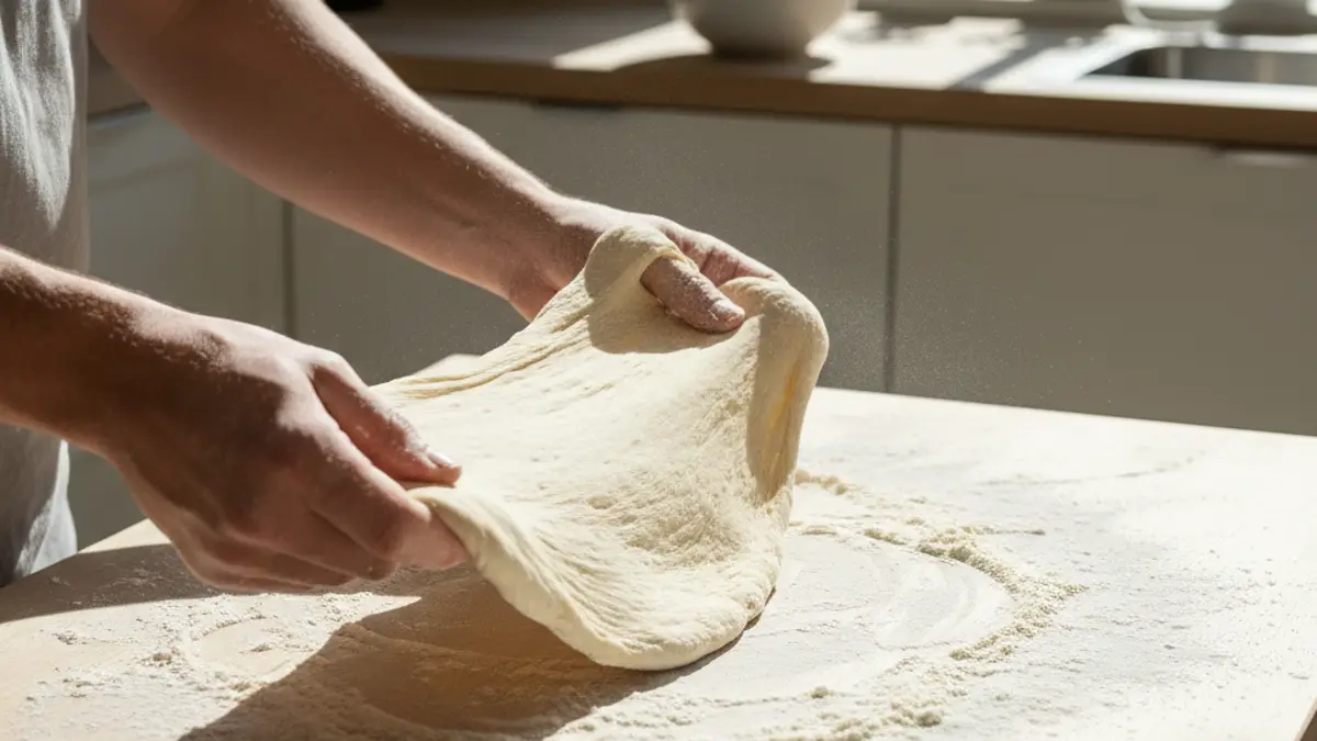 Handen die een verse pizzabodem voorzichtig uitrekken vanaf het midden