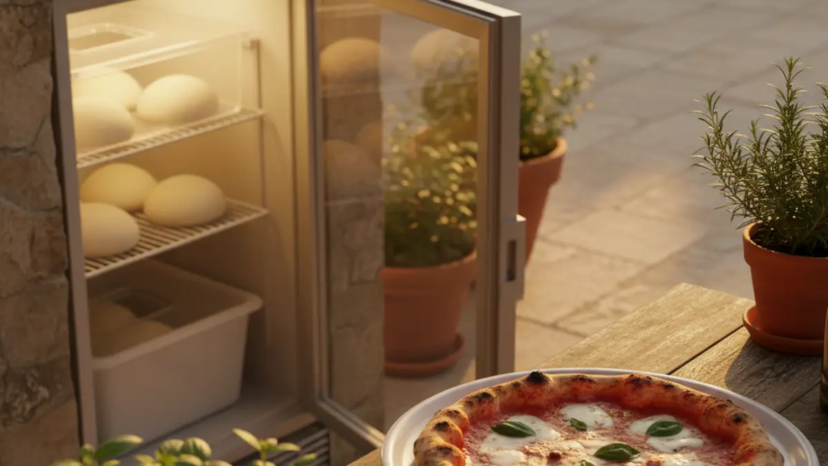 Pizzadeeg bollen die rusten in een deegbak in de koelkast