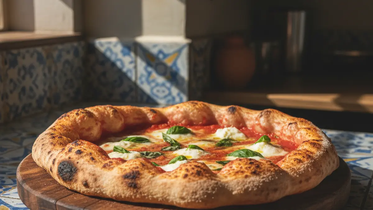 Gebakken pizza met een luchtige korst na een lange deegrijs