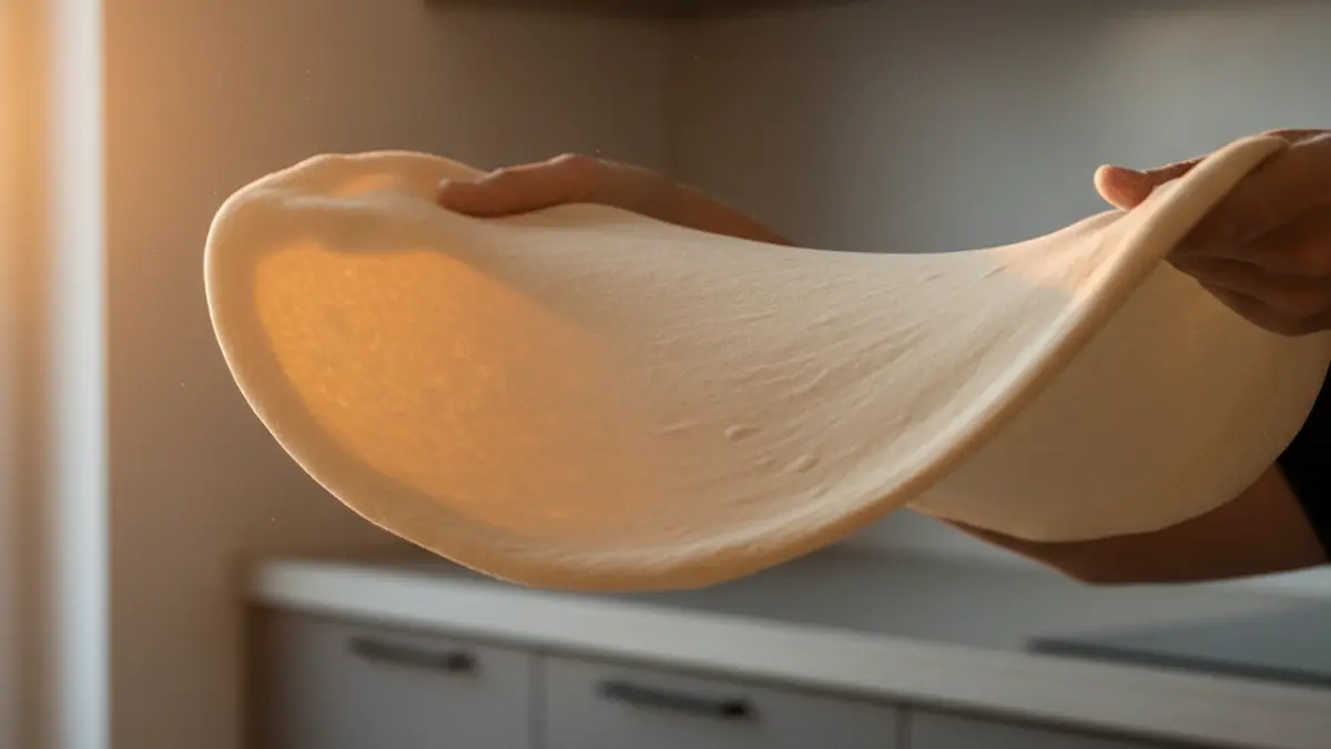 Pizzadeeg voorzichtig stretchen over de rug van de handen