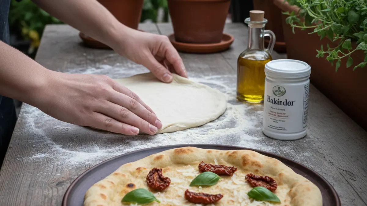 Pizzadeeg zonder gist uitgerold op een bebloemd houten werkblad