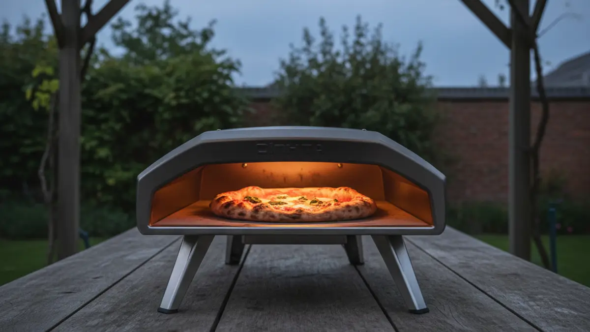Compacte roestvrijstalen pizzaoven op een houten tuintafel in de tuin