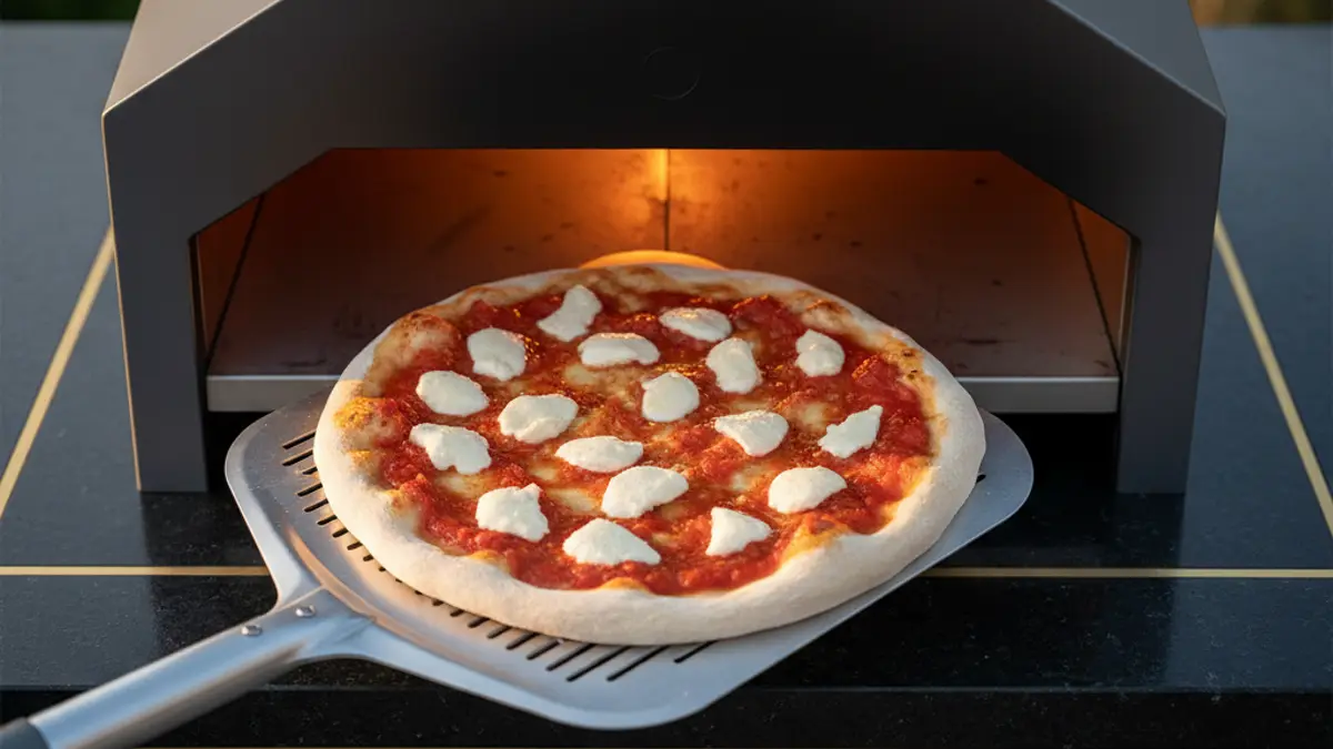 Verse pizza die met een geperforeerde pizzaschep in een hete buitenoven wordt geschoven