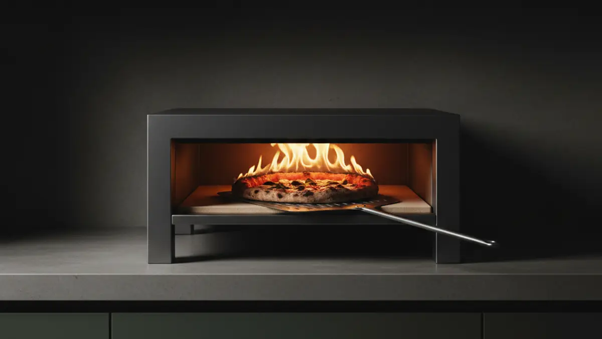 Pizzaoven met brandende vlam en verse pizza op hete steen