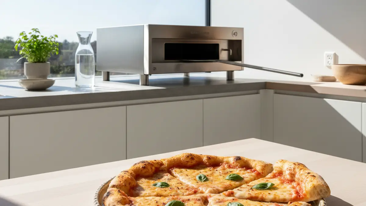 Pizzaschep die een verse pizza in een hete buitenoven schuift