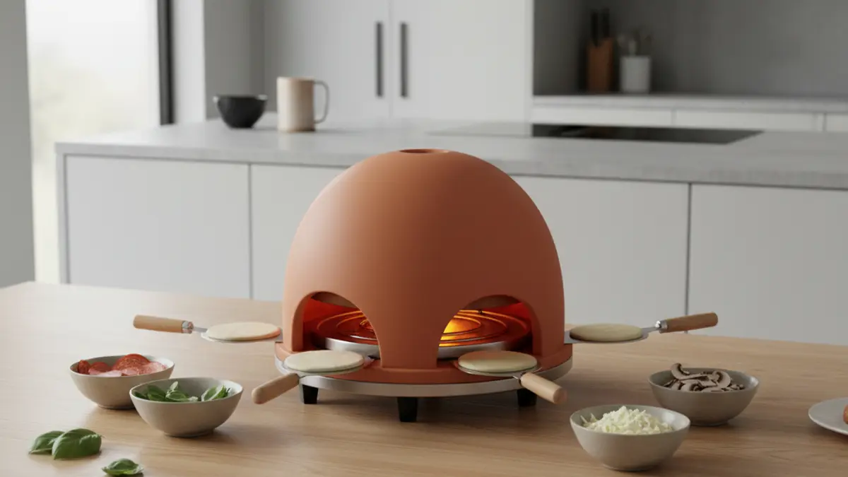 Terracotta tafelmodel voor vier personen op tafel met toppings