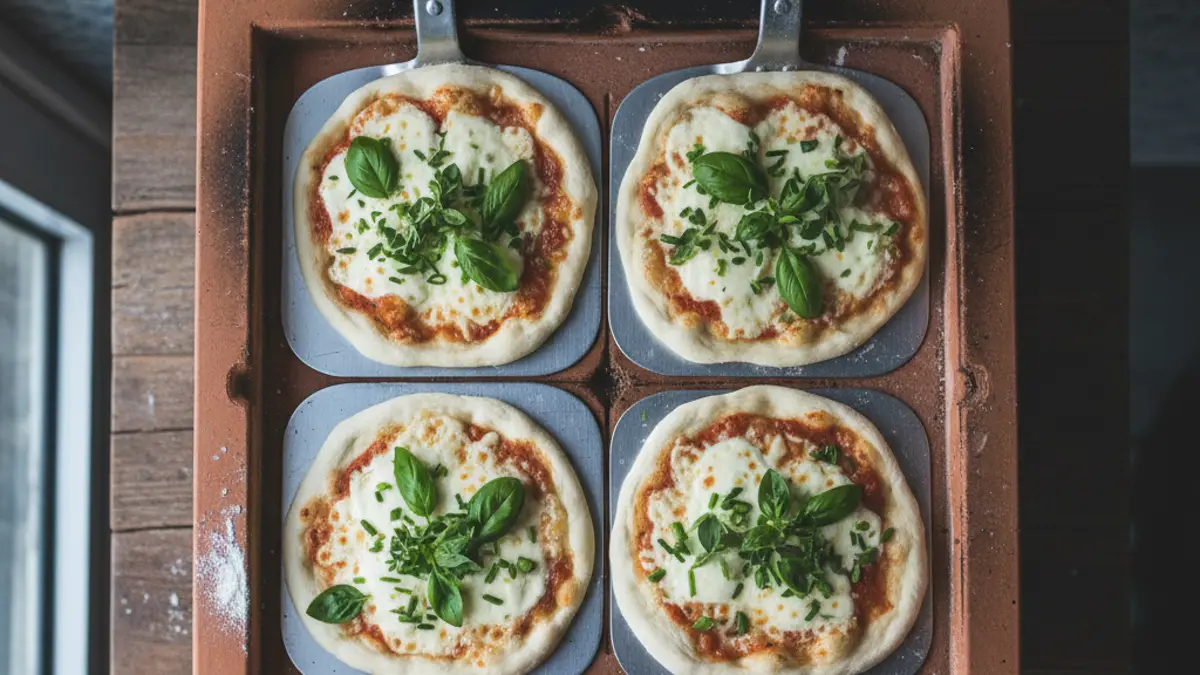 Vier mini pizza's op spatels klaar om gebakken te worden
