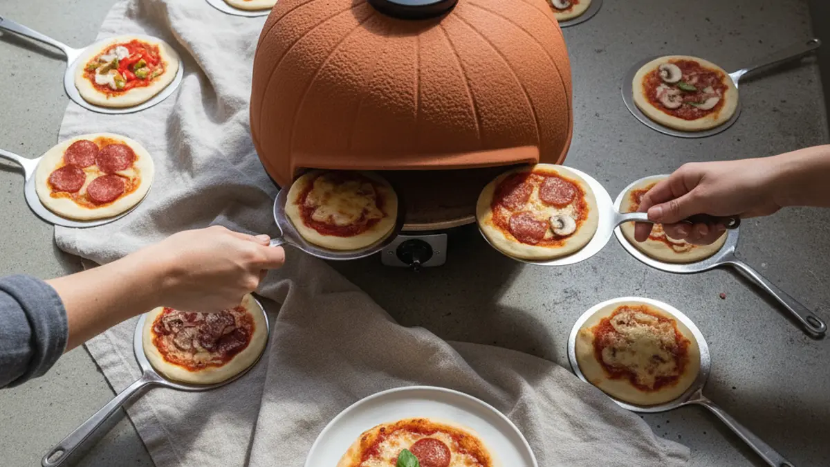 Tafelopstelling voor een pizzarette met acht personen en spatels