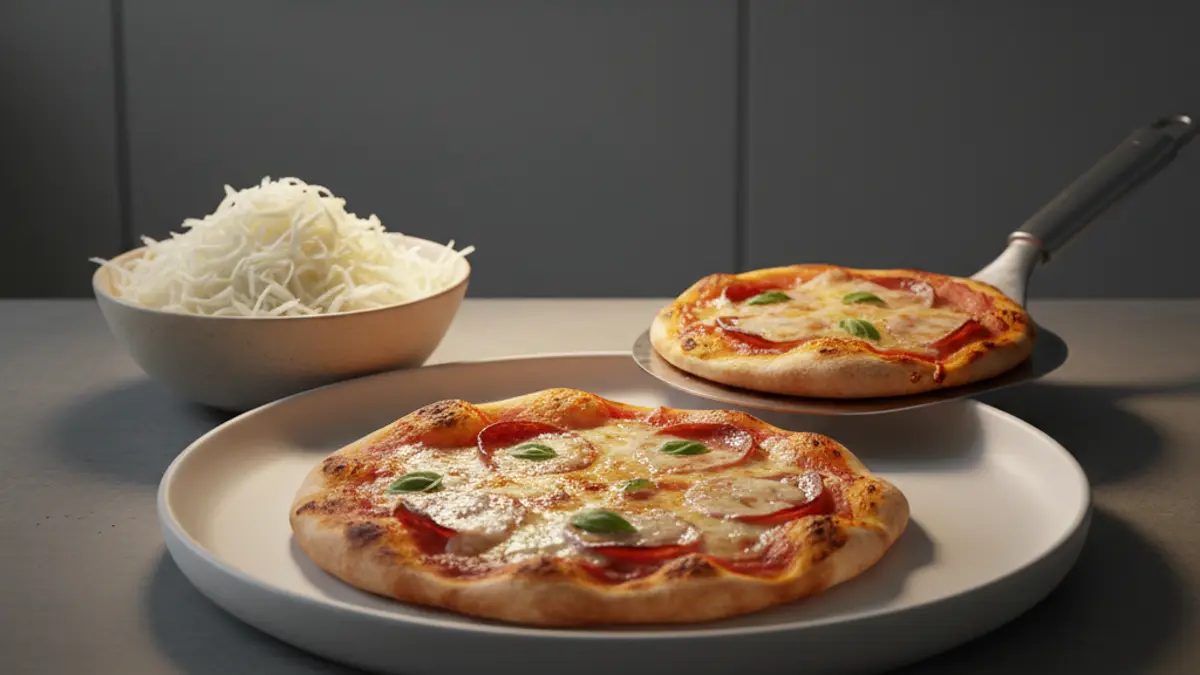 Geraspte mozzarella in een glazen kom naast kleine pizzaspatels