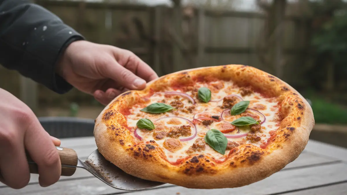 Gebakken mini pizza met gesmolten goudbruine kaas op een pizzaspatel