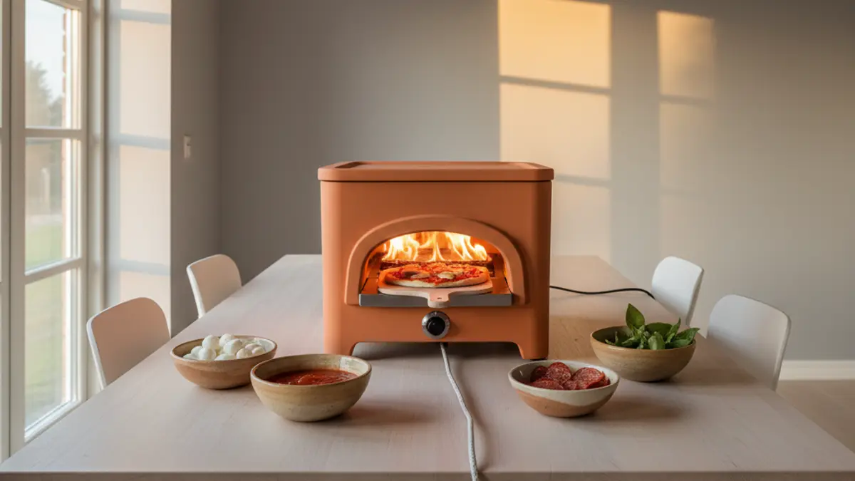 Pizzarette veilig geplaatst op een houten eettafel
