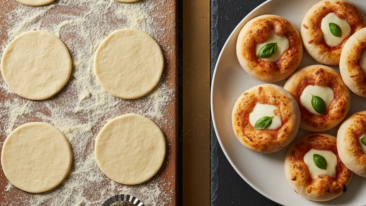 Uitgestoken ronde minipizzabodems op een houten werkblad