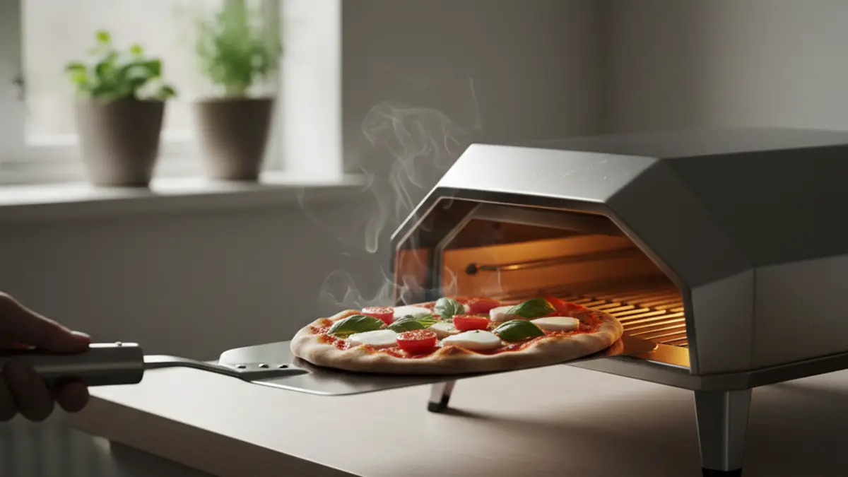 Minipizza op een metalen spatel bestrooid met semola
