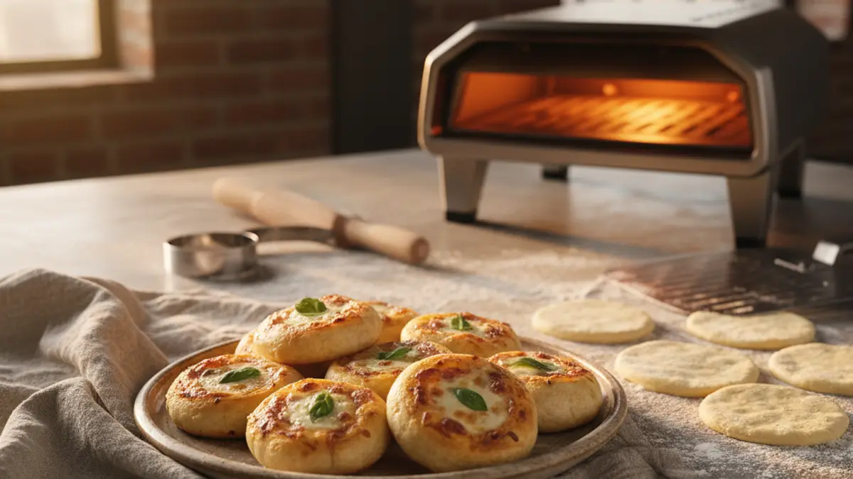 Uitrollen van vers pizzadeeg op een bebloemd werkblad met een deegroller