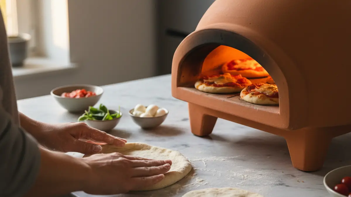 Terracotta koepel van een mini pizzaoven op de eettafel