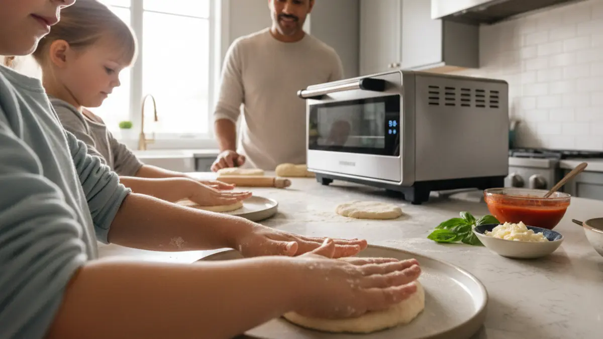 Kinderen beleggen mini pizza's aan tafel onder toezicht van een volwassene