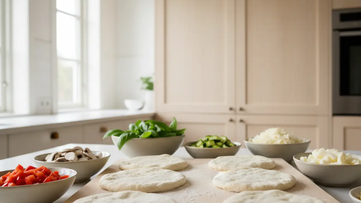 Uitgestoken ronde minipizzabodems op een houten werkblad